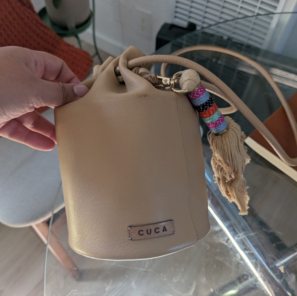 Beige Bucket Bag with Colorful Tassel
